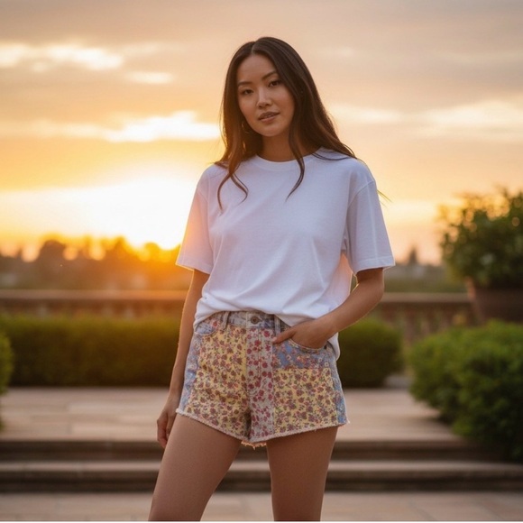 Anthropologie X Farm Rio High-Rise Patchwork Denim Shorts Floral Size 29 - Picture 12 of 12